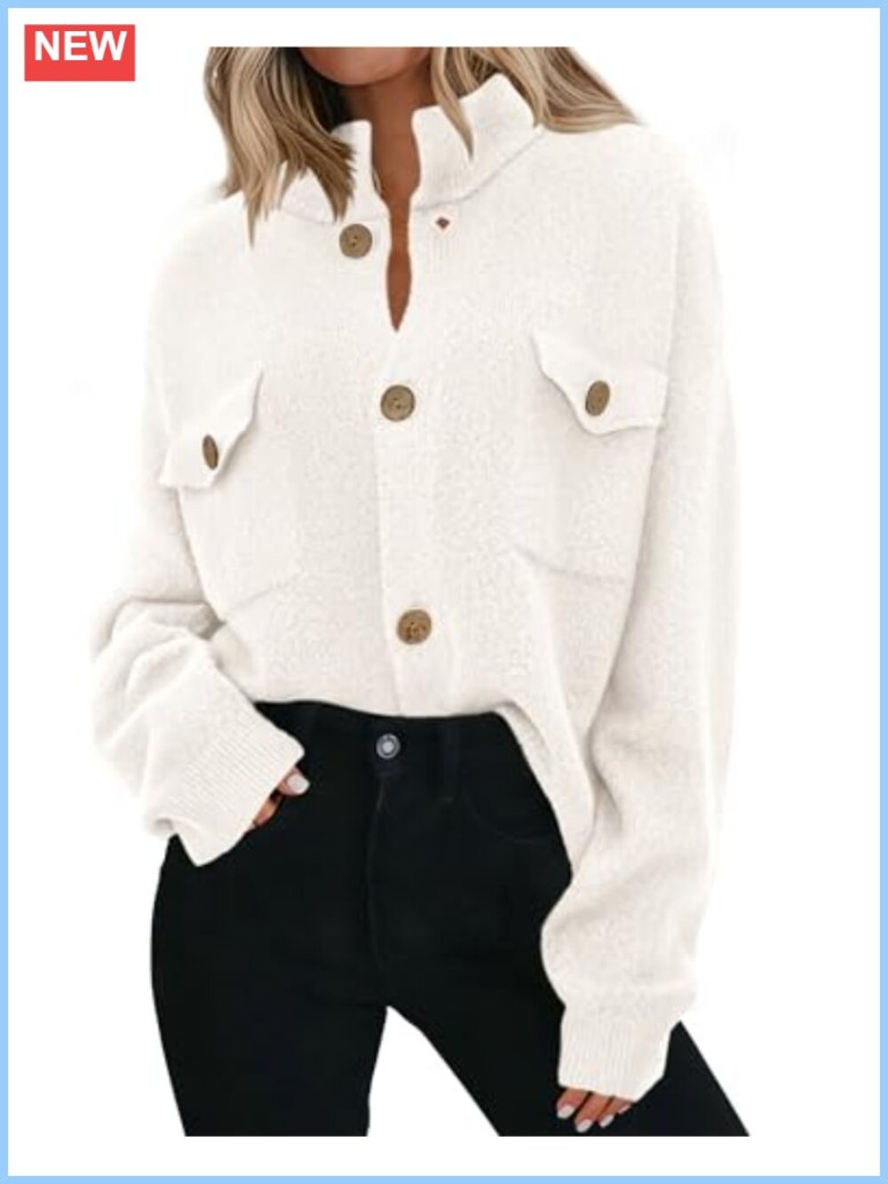 Chunky Knit Cardigan Women Button Up Mock Neck Long Sleeve Loose Fit Sweater